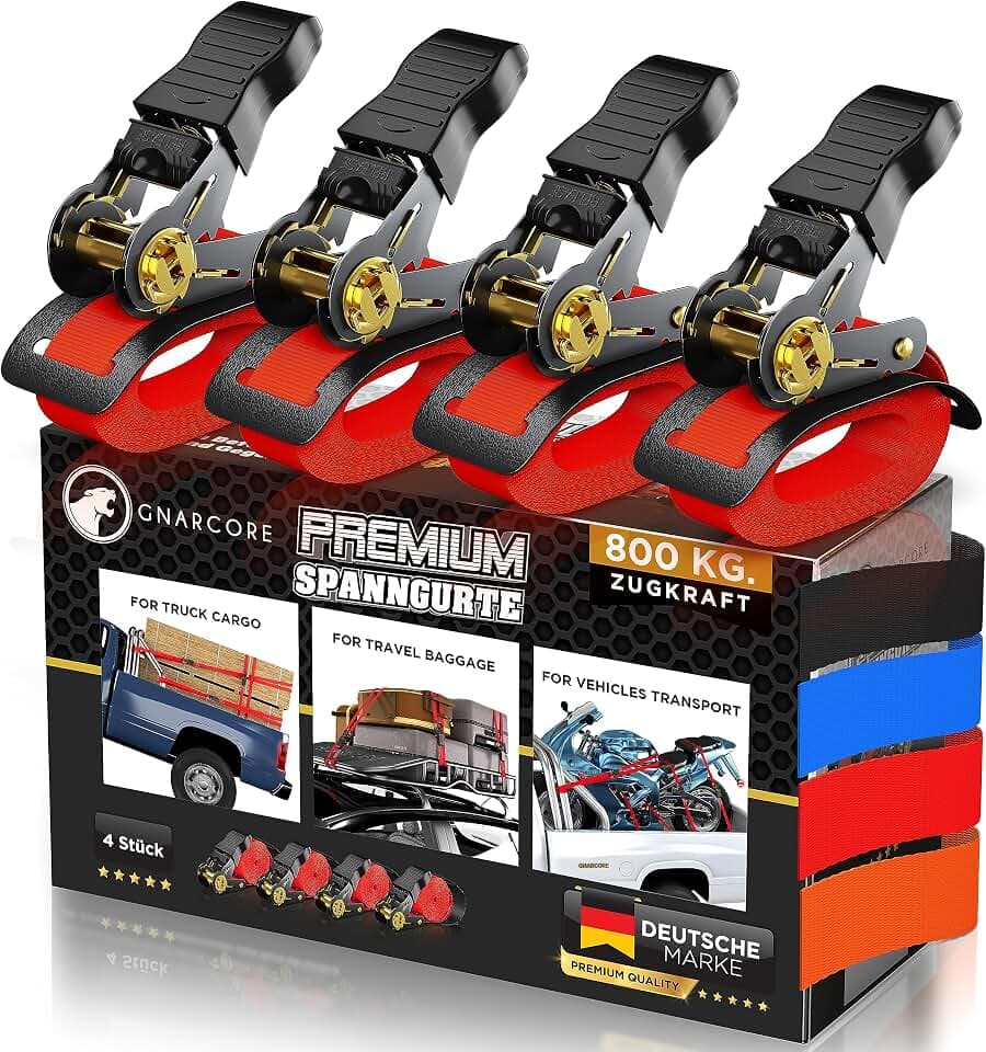 wetterfeste Premium Spanngurte mit Ratsche (4er Set) - Ohne schmerzhaftes Einschneiden Dank Griff - 4 & 6 Meter inkl. Tragebeutel, 2-in-1 Leder-Schutz & Klettbänder - bis 800 Kg