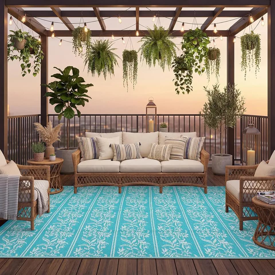 GarveeHome Outdoor Rug 8x10 Waterproof for Patio, Reversible Outdoor Plastic Straw Rug, Wallpaper Flower Indoor Outdoor Mat Carpet for RV, Camping, Deck, Backyard, Picnic, LBlueWhite