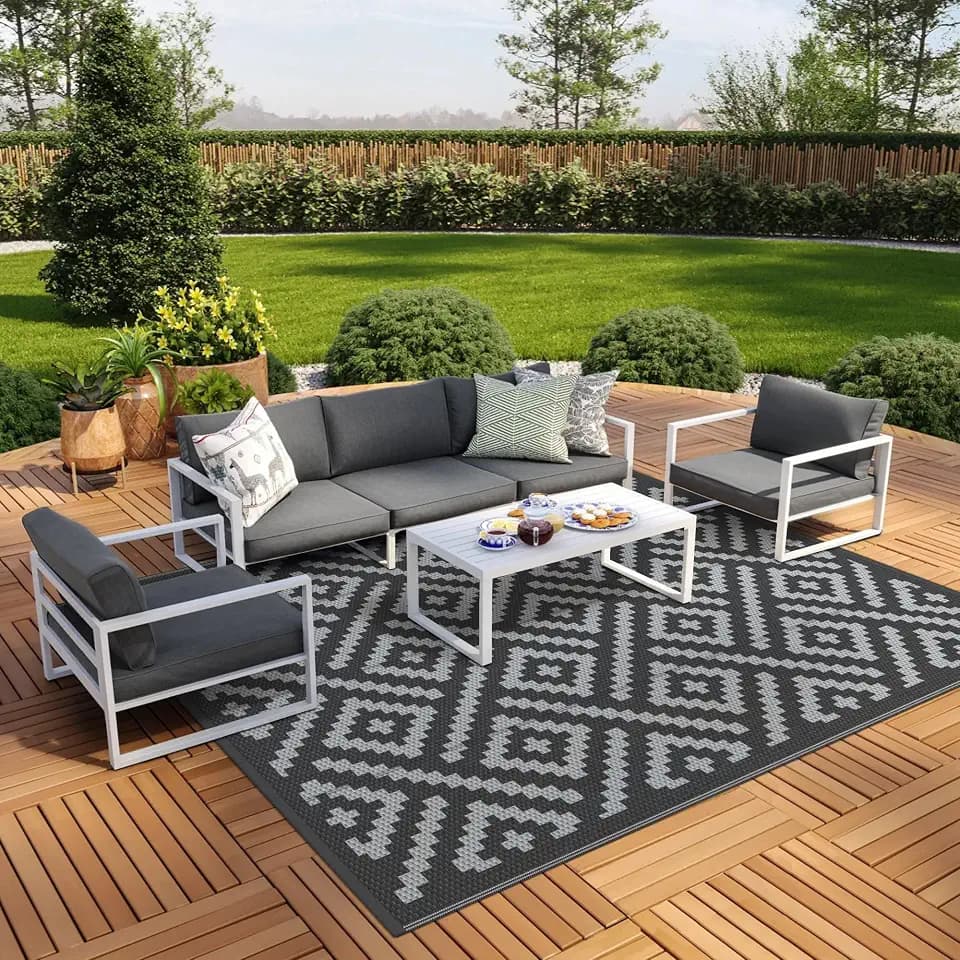GENIMO Outdoor Rug, Waterproof Plastic Rugs for Patio, 8'x10' Black Grey