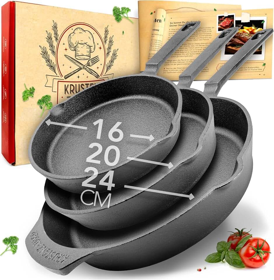 KRUSTENZAUBER 16+20+24cm Gusseisenpfannen Induktion - Voreingebrannte Gusseisen Pfannen - Ideale Grillpfanne Induktion, Eisenpfanne, Cast Iron Pan, Bratpfanne, Gusseiserne Pfanne Skillet Gusspfanne
