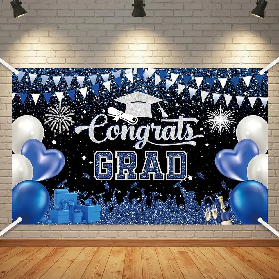 Graduation Backdrop Decorations 2026 - Blue and Silver Graduation Backdrop Banner for Class of 2026 Navy Blue Graduate Congrats Grad Background Photo Backdrop for Grad Party 71x43 in