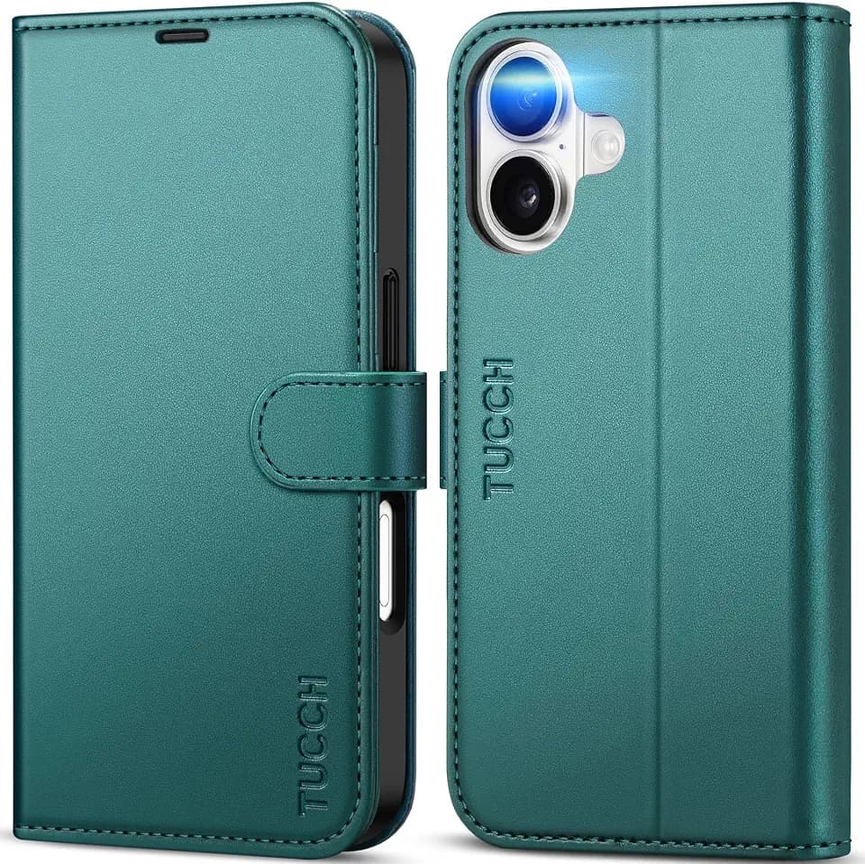 TUCCH Case Wallet for iPhone 17 (6.3"), RFID Blocking Folio, Bluish Green