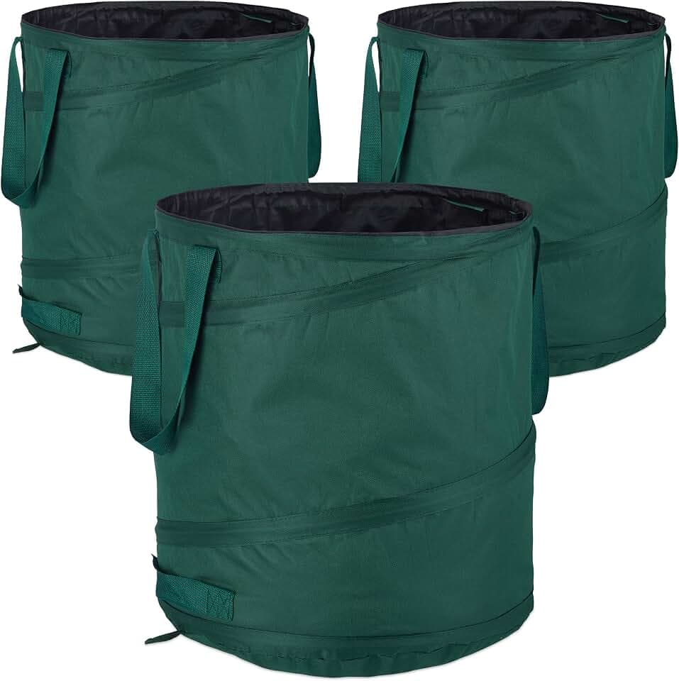 Relaxdays Laubsack selbstaufstellend, 3er-Set, grün | Gartenabfallsack Pop-Up, 85L, Gartensack selbststehend, ∅: 46 cm
