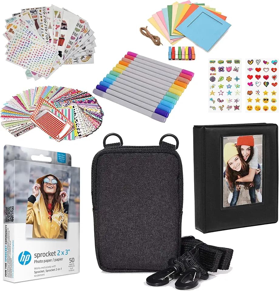 HP Premium Zink Fotopapier (50 Stück) mit Fotoalbum, Etui, Aufklebern, Markern