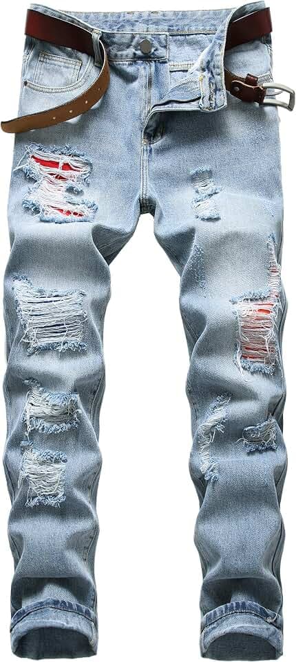 Men's Ripped Slim Fit Jeans Straight Leg Denim Pants