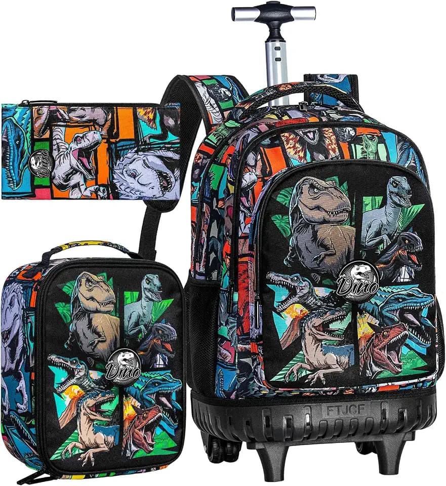 CCJPX 3PCS Rolling Backpack for Boys, 21 Inch Water Resistant Dinosaur Backpacks with Roller Wheels, Wheeled Bookbag for Teens Elementary School Travel-Brown