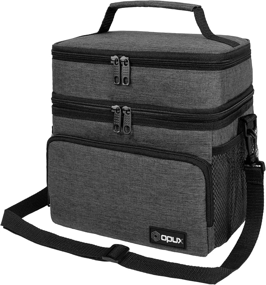 opux Insulated Dual Compartment Lunch Bag for Men Women, Charcoal Gray