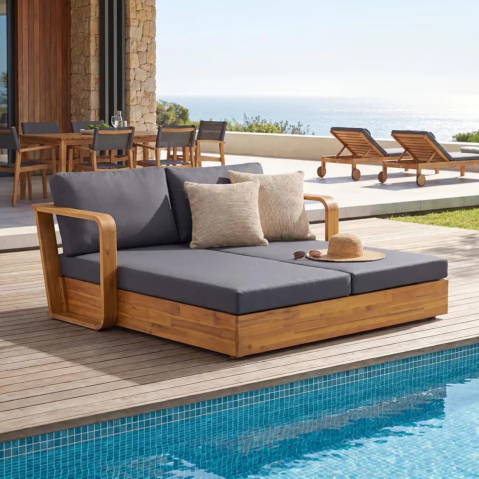 Christopher Knight Home Tampa Acacia Wood Outdoor Daybed with Cushion, Solid Wood Patio Daybed, Double Patio Chaise Lounge Sofa, Outdoor Tanning Chair, Teak+Dark Gray