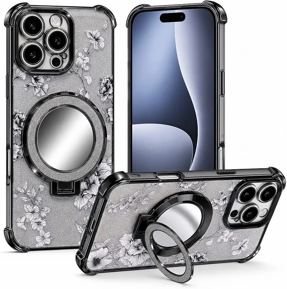 for iPhone 15 Case with Diamond Mirror Kickstand,[Reinforced Conner Bumper][Glitter Bling Floral Design] Luxury Shinny Electroplated Edge for Women Girls-Black