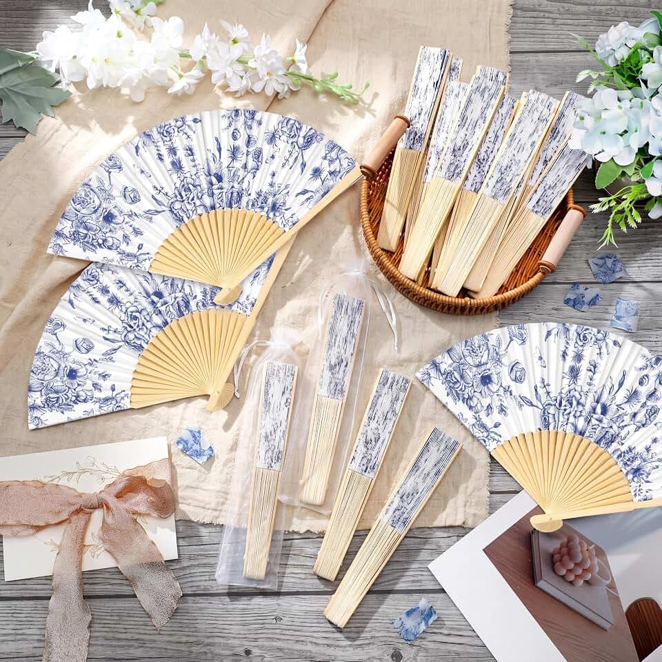 Vercraft 50 Sets Blue Floral Folding Hand Fans Bulk with Organza Bags