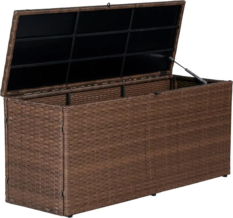 happimess Nino 47.24" Outdoor Faux Wicker Deck and Patio Storage Box, Brown
