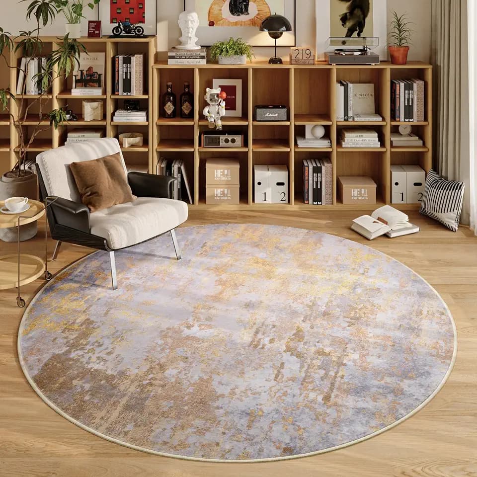 Beige Gold Round Area Rugs 4ft Washable Circle Rug for Entryway Kitchen, Non Slip Soft Low Pile Stain Resistant, Boho Circular Carpet for Living Room Bedroom Dorm Dining Room Table, Abstract Tan