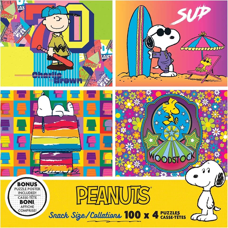 RoseArt - Snack Size Multi-Puzzle Set - Peanuts - 4 x 100 Piece Jigsaw Puzzle for Adults