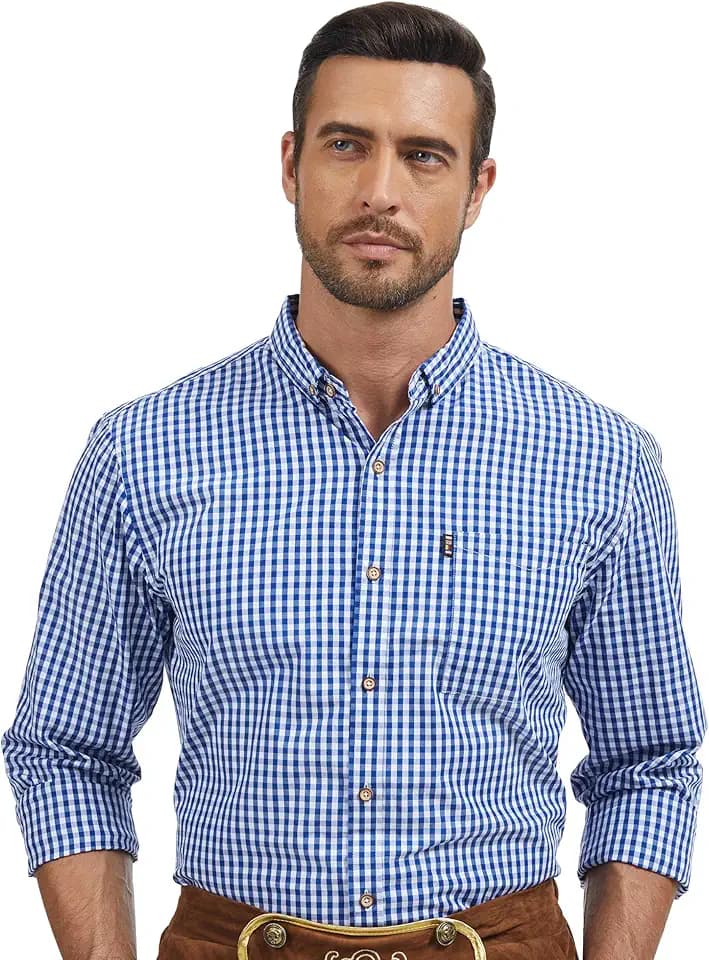 Trachtenhemd Herren Kariertes Hemd Baumwolle Trachtenhemden Langarm Oktoberfest Hemd Größe XS-3XL