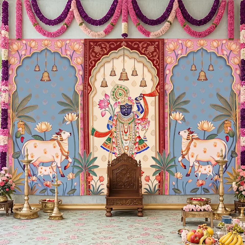 Gilprop 9 x 6 ft Indian Pichwai Backdrop for Diwali, Navratri, Pooja Decor
