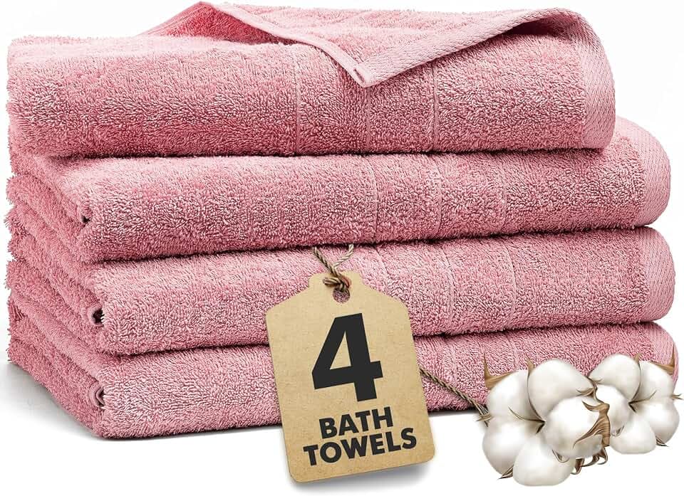 Bath Towels Set of 4 – 100% Ring Spun Cotton Baby Pink Extra Large Towels for Bathroom, Spa Use (55x28 in) – 550 GSM Super Soft and Quick Dry Large Bath Sheets for Adults