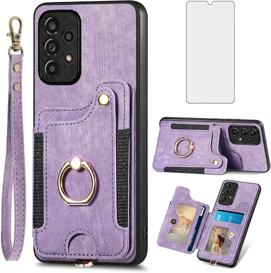 Asuwish Handyhülle für Samsung Galaxy A33 5G Hülle mit Glas Folie Schutzfolie und Magnetisch Ring Ständer Kartenfach Klappbar Leder Geldbörse Ständer A 33 4G 33A S33 G5 Handy Hüllen Phone Case Lila