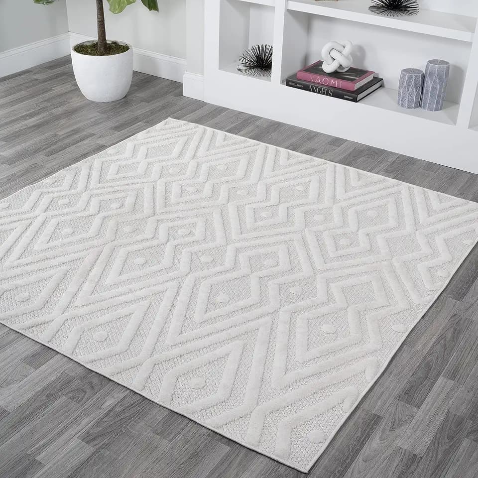 JONATHAN Y Moroccan Diamond Indoor Outdoor Square Area Rug 5X5 Ivory, Balansat for Backyard, Patio, Porch, Easy-Cleaning, High Traffic, Pet-Friendly, Non-Shedding (IBZ100D-5SQ)
