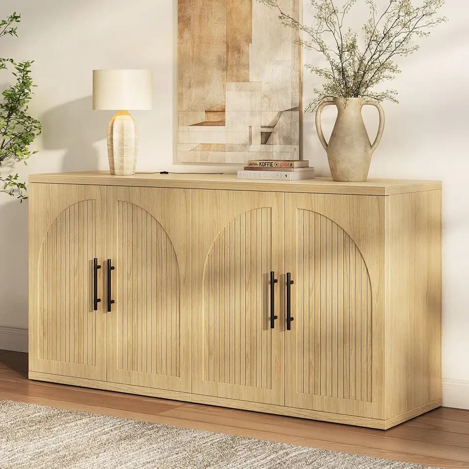 MapleGrace 63" Fluted Buffet Cabinet, Oak Credenza with Adjustable Shelf