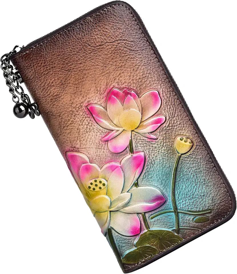 Wallet Genuine Leather for Women - with RFID Blocking Card checkbook ID Slot Large Capacity Vintage style (lotus coffee)