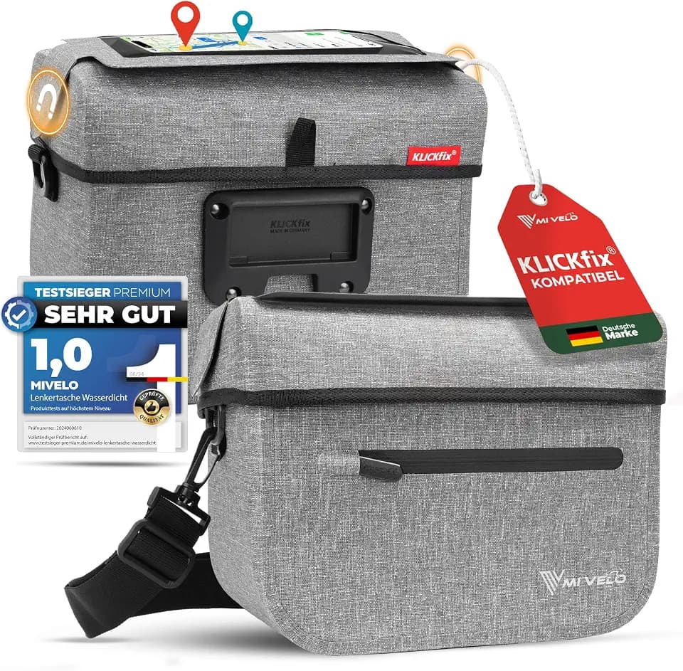 MIVELO Lenkertasche Fahrrad passend für KLICKfix - 100% wasserdicht - Fahrradtasche Lenker - abnehmbares Handyfach - Tasche Lenker - E-Bike tauglich (Grau, ohne Adapter)