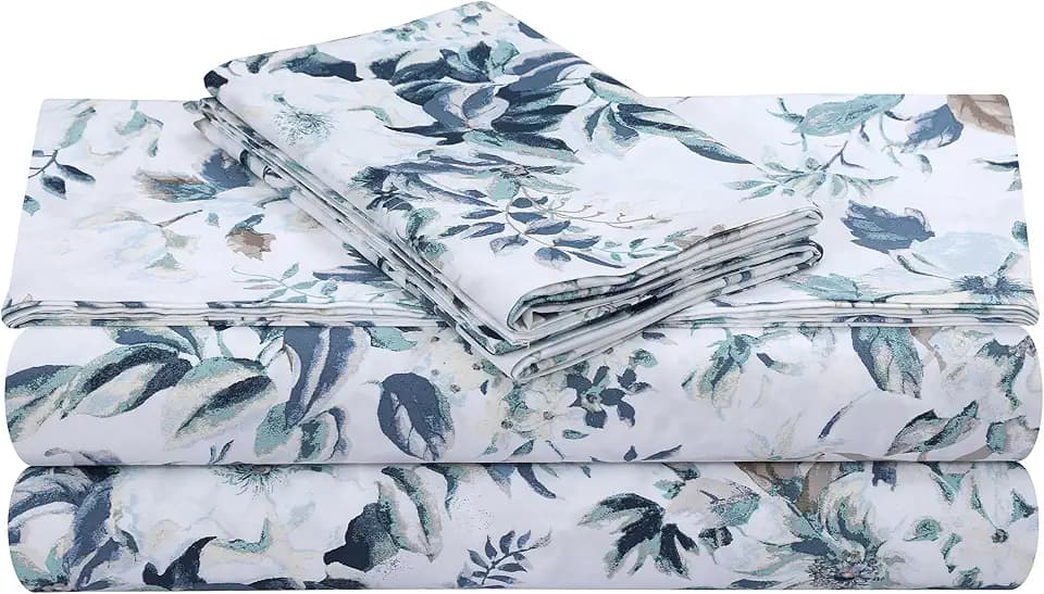 Tribeca Living Cotton Sateen Pillowcases King, Set of 2 Bed Pillow Covers, Floral Print, 300 Thread Count, Luxury Bedding, Vernazza Blue