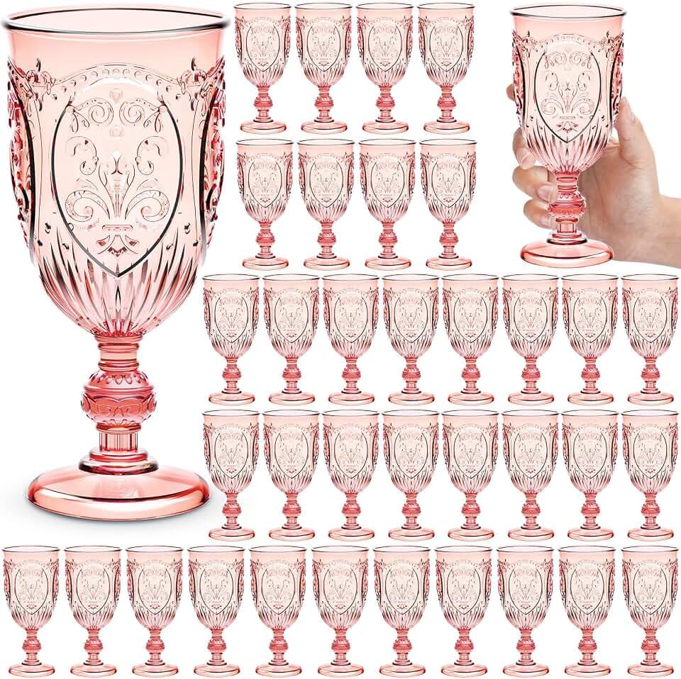 Wiwiqing Vintage Plastic Wine Glass Goblets 10oz, Pink, 36 Pack