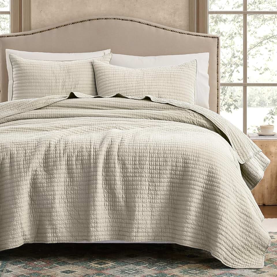 WDCOZY 100% Cotton Queen Size Quilt Set, Channel Pick Stitch, Light Beige