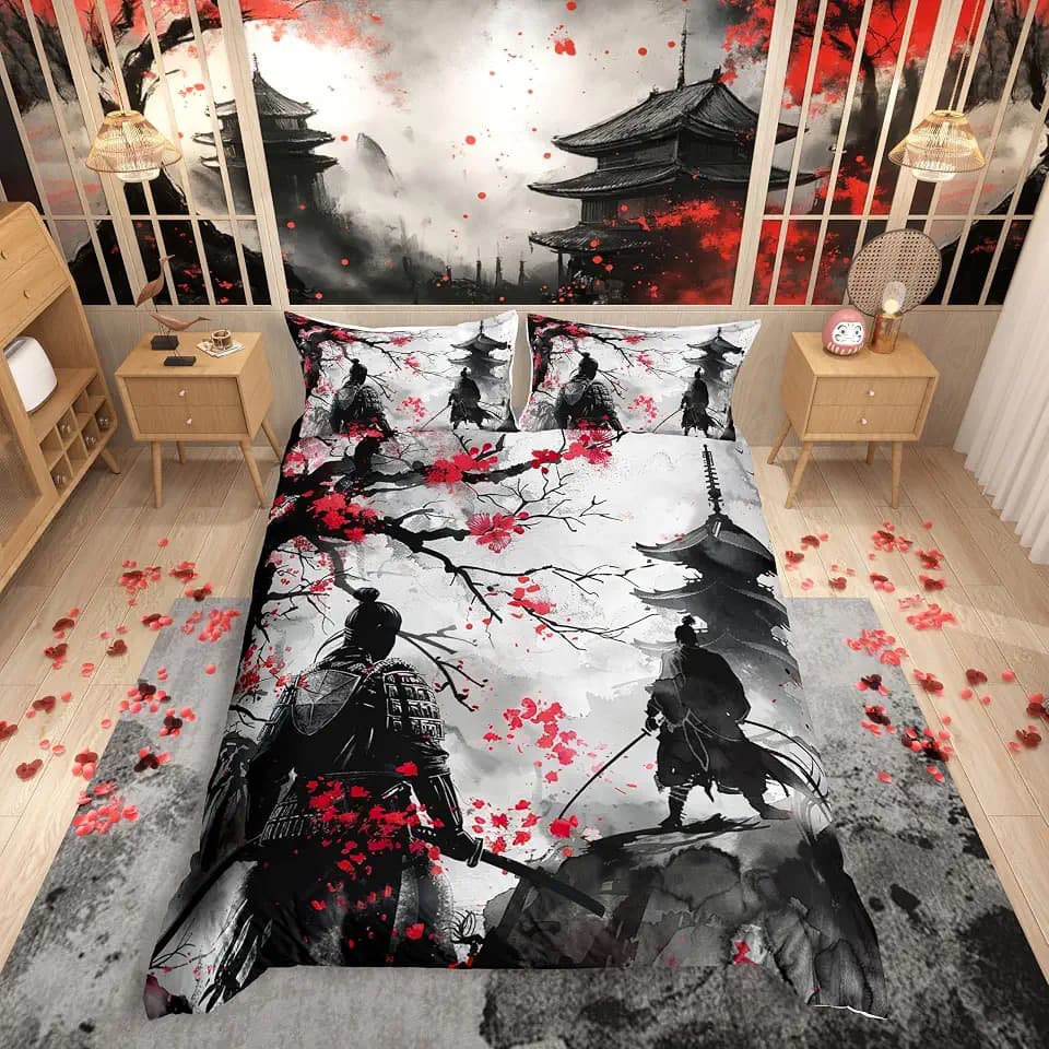Loussiesd Japanische Samurai Bettwäsche Set 135x200cm Ukiyoe Bettbezug Set für Jungen Mädchen Kinder Jugendliche Kirschblüten Dekor Bettwäscheset Japanische Stil Betten