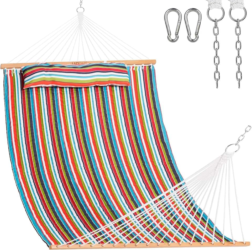 Lazy Daze Double Quilted Hammock with Pillow and Carabiners, Bright Stripe