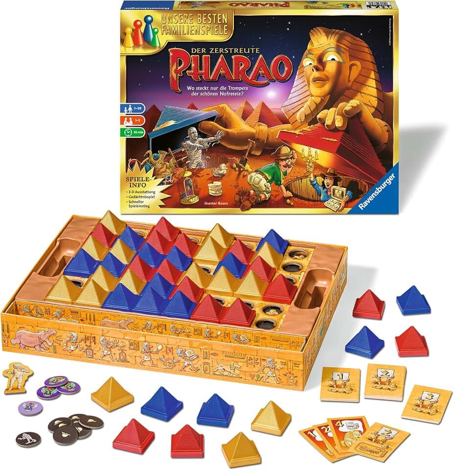 Ravensburger 26656 - Der zerstreute Pharao - Gesellschaftsspiel für die ganze Familie, für Erwachsene und Kinder ab 7 Jahren, 1 bis 5 Spieler - Schätze suchen, die besten Familienspiele