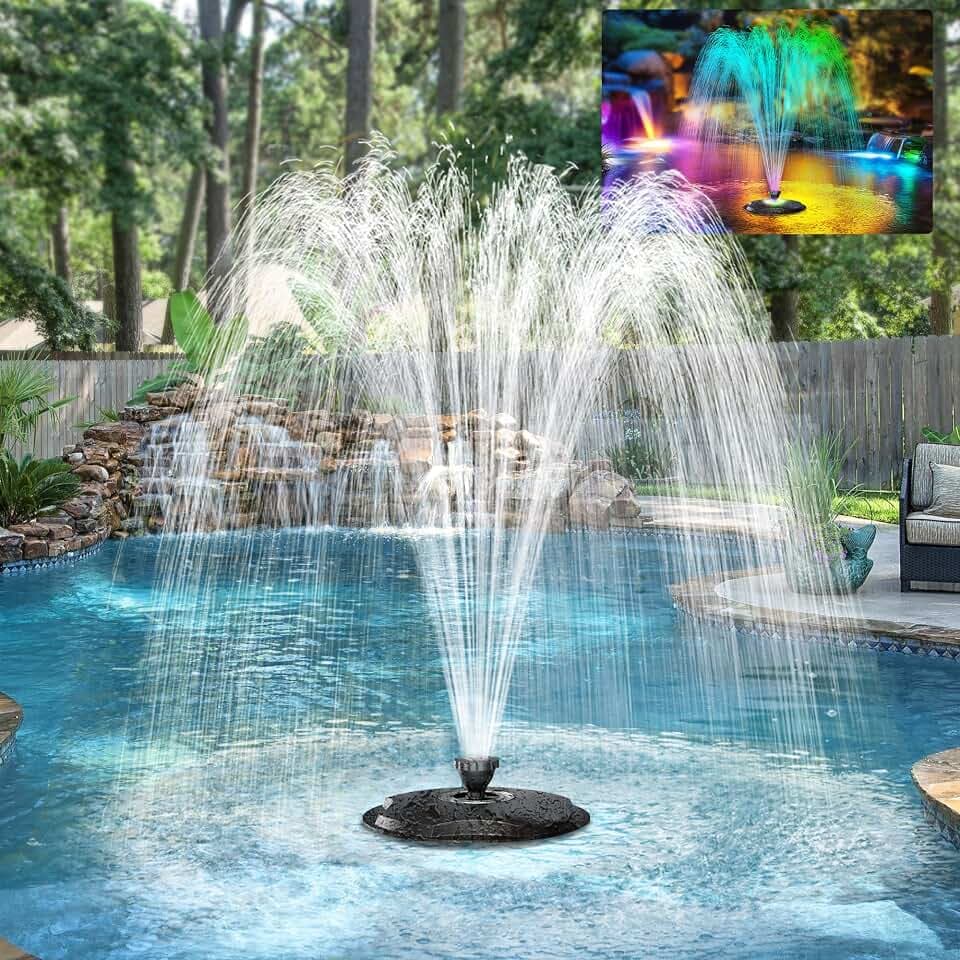 POPOSOAP Floating Fountain With LED Lights, Pond Fountain and Aerator Complete Kit with 660GPH Water Pump 27FT Power Cord, 3 Spray Styles for Ponds, Pool, Water Gardens P130
