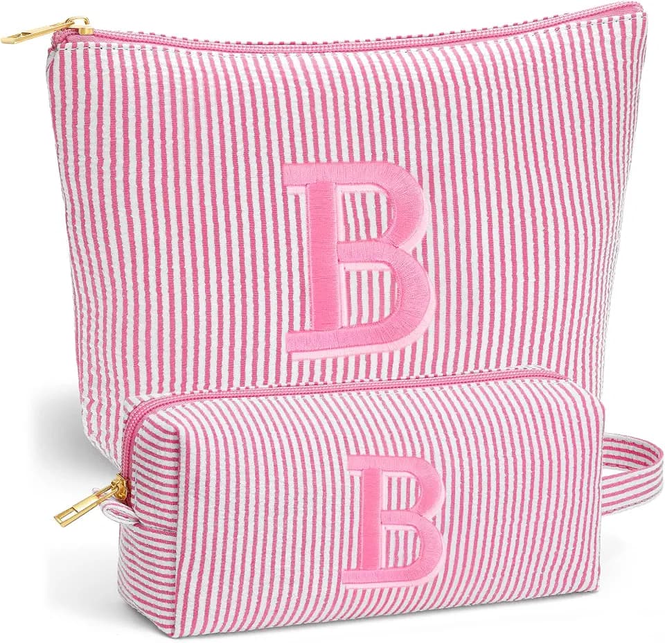 Birthday Gifts for Women - Custom Initial Makeup Bag Set, Portable Makeup Pouch Cosmetic Bag with Zipper, Travel Essentials Toiletry Bag Travel Gifts for Women, Pink B