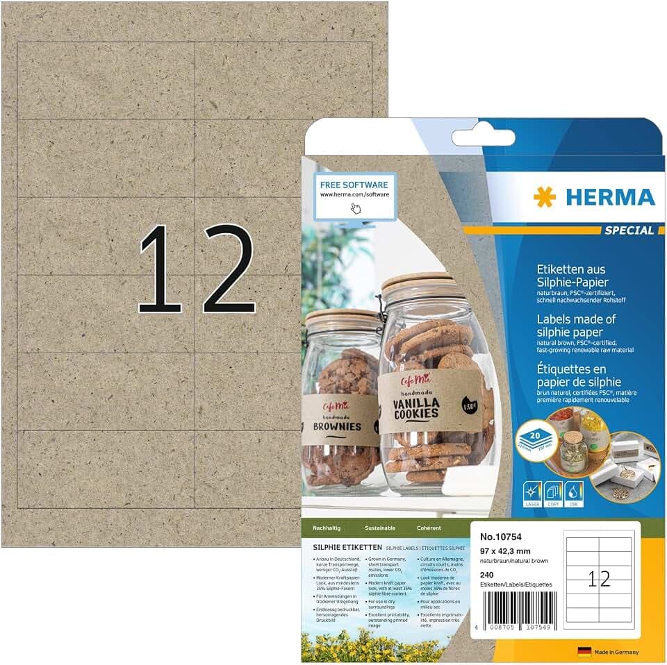 HERMA 10754 Universal Etiketten aus Graspapier, 20 Blatt, 97 x 42,3 mm, 12 pro A4 Bogen, 240 Stück, selbstklebend, bedruckbar, matt, blanko Silphie-Papier Klebeetiketten Aufkleber, natur-braun