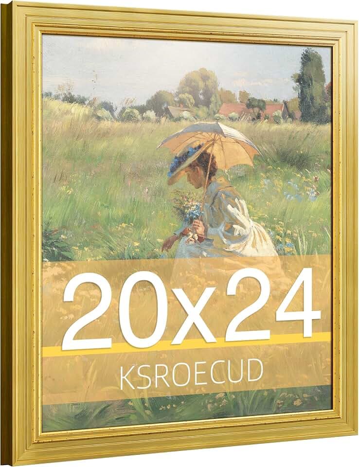 20x24 Wood Picture Frame, HD Plexiglass 20x24 Ornate Natural Wooden Vintage Photo Frame, 20 by 24 Painting Poster Frame with Gold Border and Distressed Rust-Like Finish for Art, Tabletop or Wall Decor (1 Pack)