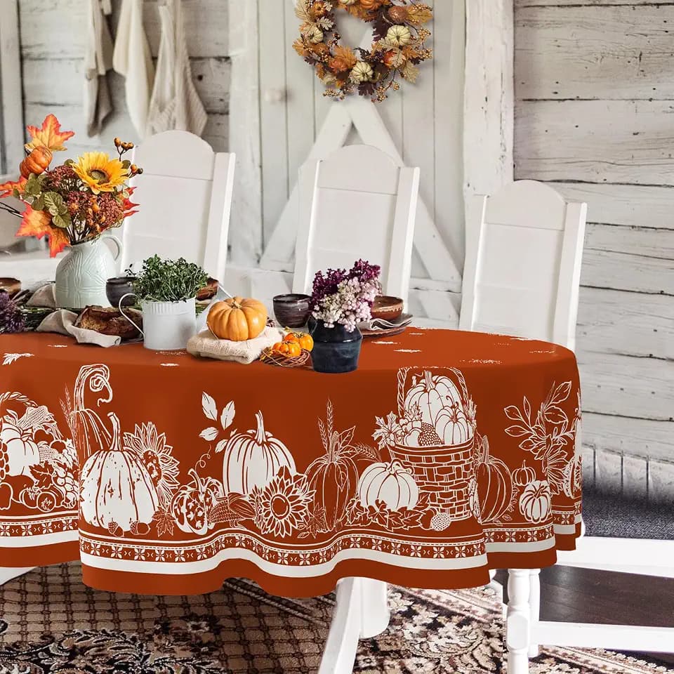 Oval Fall Tablecloth,OrangeThanksgiving Autumn Harvest Pumpkin Sunflower Maple Leaf Table cloth,Polyester Waterproof Wrinkle Resistant Durable Tablecloth for Fall,Thanksgiving,Home Decor 60x84Inch