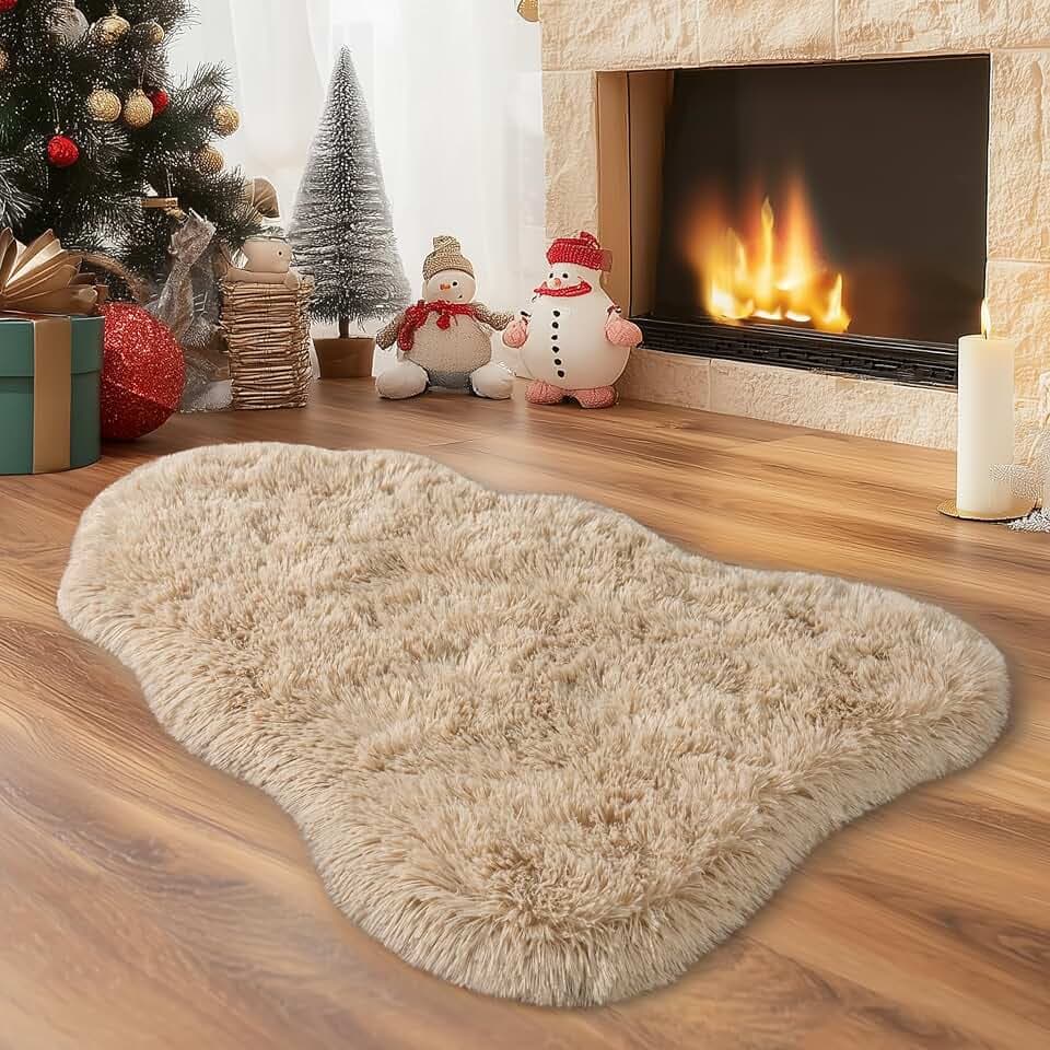 2x3 Small Beige Fluffy Rug for Bedroom Home Decor Washable Non-Slip