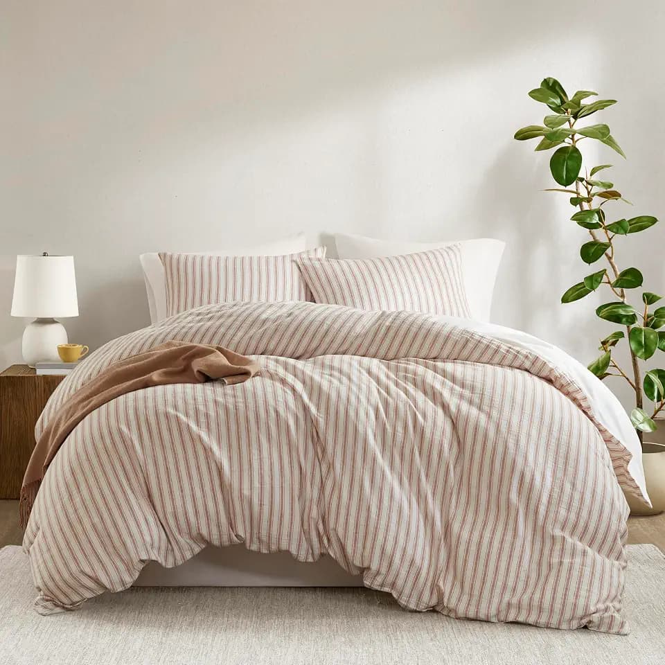 Madison Park Striped Duvet Cover Set Queen, Linen Cotton Rayon, Terracotta