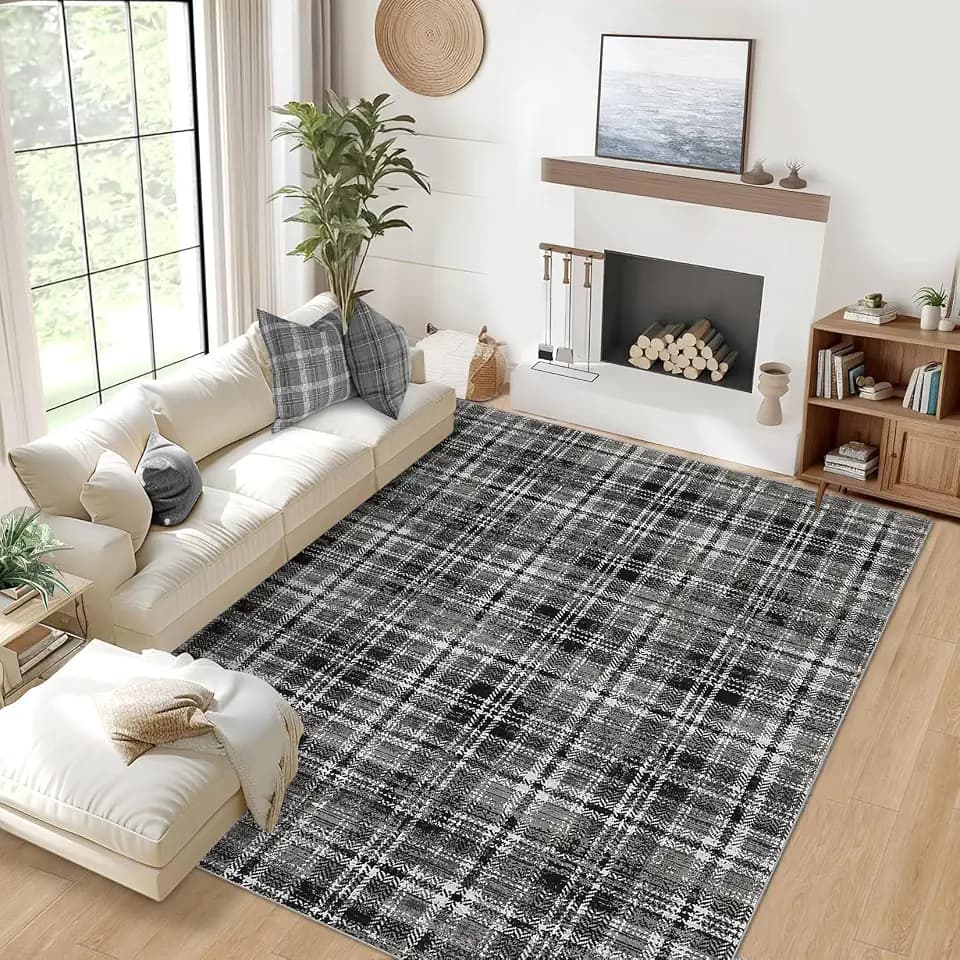 Washable Area Rug 6x9 Rugs for Living Room Soft Bedroom Rug Modern Plaid Black Rug Non Slip Throw Rugs Non Shedding Stain Resistant Carpet for Nursery Dining Room Office 6'x9' Black/Grey