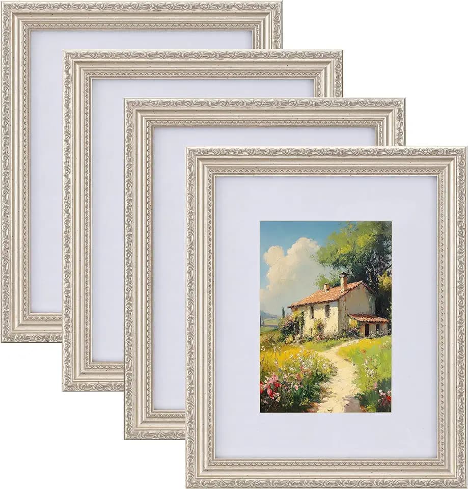 eletecpro 8x10 Vintage Picture Frame, Glass Cover, Silver Beige, 4-Pack