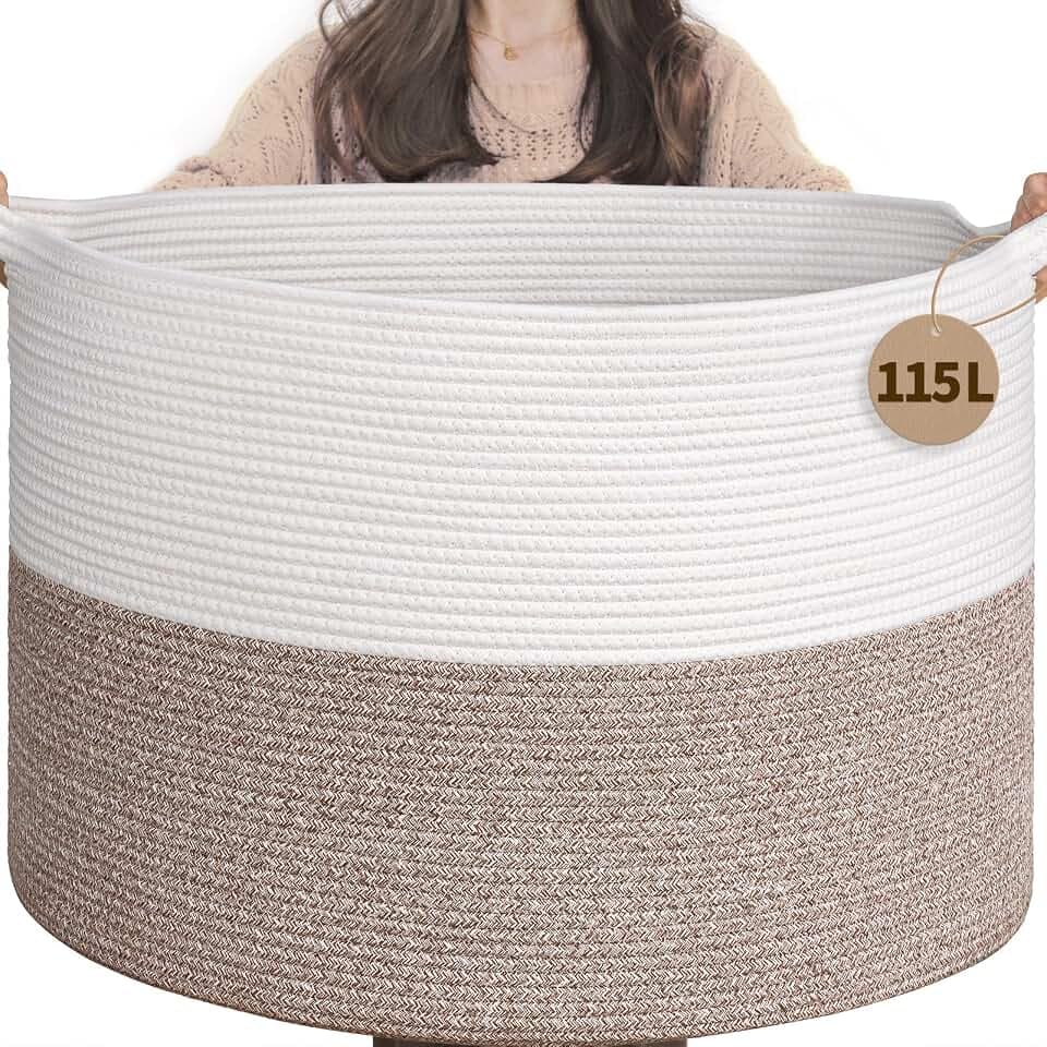 INDRESSME 115L Extra Large Woven Rope Blanket Basket Living Room, Brown