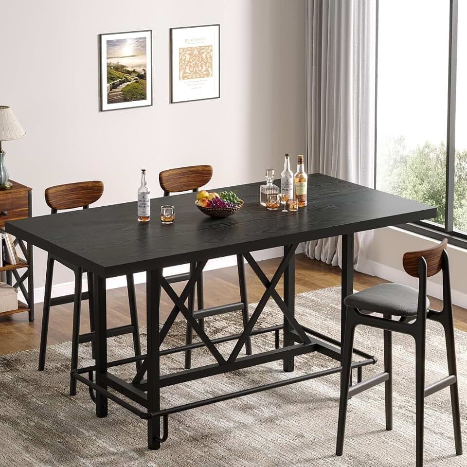 Tribesigns 63-Inch Counter Height Bar Table with Metal Footrest (Black)