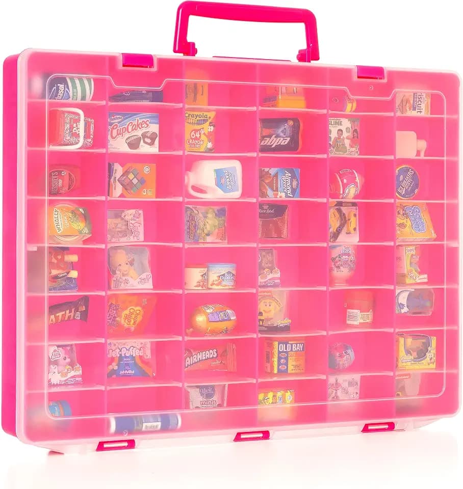 MYMOON HOME Mini Brands Case – Storage Compatible with Mini Brands Fill the Fridge, Miniverse, Create, Masterchef, Shopkins, Real Littles, LOL Surprise – 48 Compartment Collector Organizer (Pink)