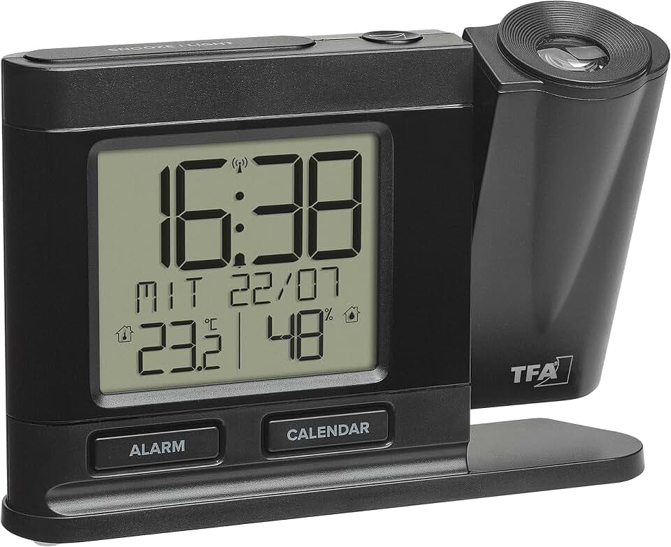 TFA Dostmann Projektionswecker Funk, 60.5017.01, Digitale Funkuhr, mit Netzteil, inkl Thermo-Hygrometer, dimmbar, Schlafzimmeruhr, schwarz, (L) 149 x (B) 38 x (H) 104 mm