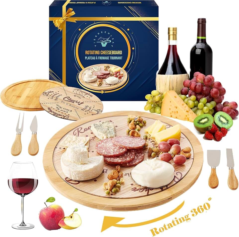 Lazy Susan Cheese Board with Cutlery Premium Bamboo Turntable Charcuterie Board - Unique Rotating Cheese Wine Pairing Platter Gift Set
