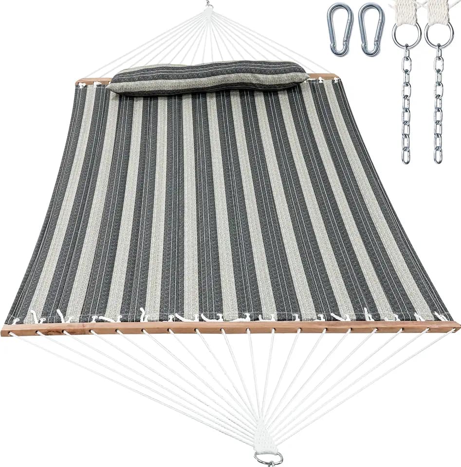 GAFETE 12ft 2 Person Hammock for Outside with Hardwood Spreader Bar