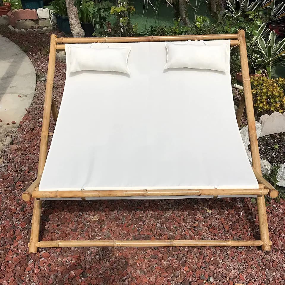 Handcrafted Bamboo Lightweight Foldable Double Sling Chair with Cushions for 2 Persons, 4 Position Adjustable Height Patio Deck Chairs, White Canvas