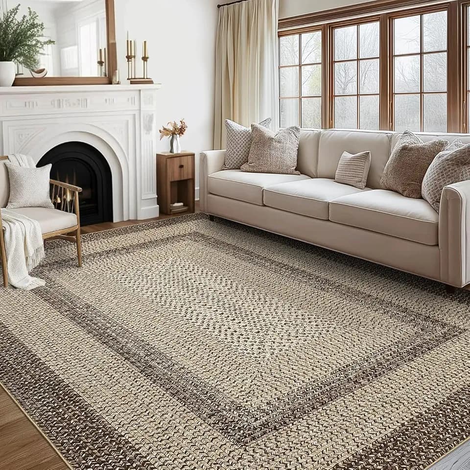 GAOMON Braided Rug 6x9 Washable Rug Boho Braided Print Accent Vintage Living Room Rugs Low Pile Non Slip Indoor Carpet Non-Shedding Aesthetic Foldable Rugs for Bedroom Farmhouse Office Nursery Camel