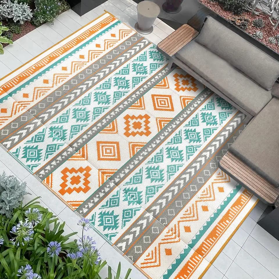 Famibay Outdoor Teppich Wetterfest Balkon Teppich Wasserfest Outdoor Camping Leicht Plastik Kunststoff Wendbar Faltbar für Terrasse Garten BBQ Picknick Deck