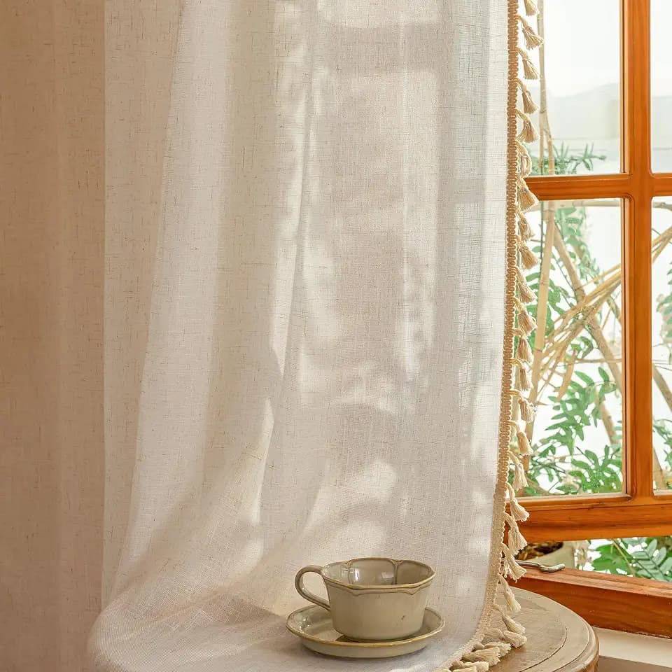 MYSKY HOME Natural Boho Sheer Curtains with Macrame 63 Inches Length for Short Window Treatment, Back Tab Design Light Filtering Privacy Drapes Farmhouse Home Decor，50" W×63" L, Natural，2 Panels
